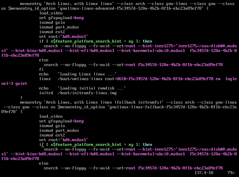GRUB config showing ArchLinux menuentry