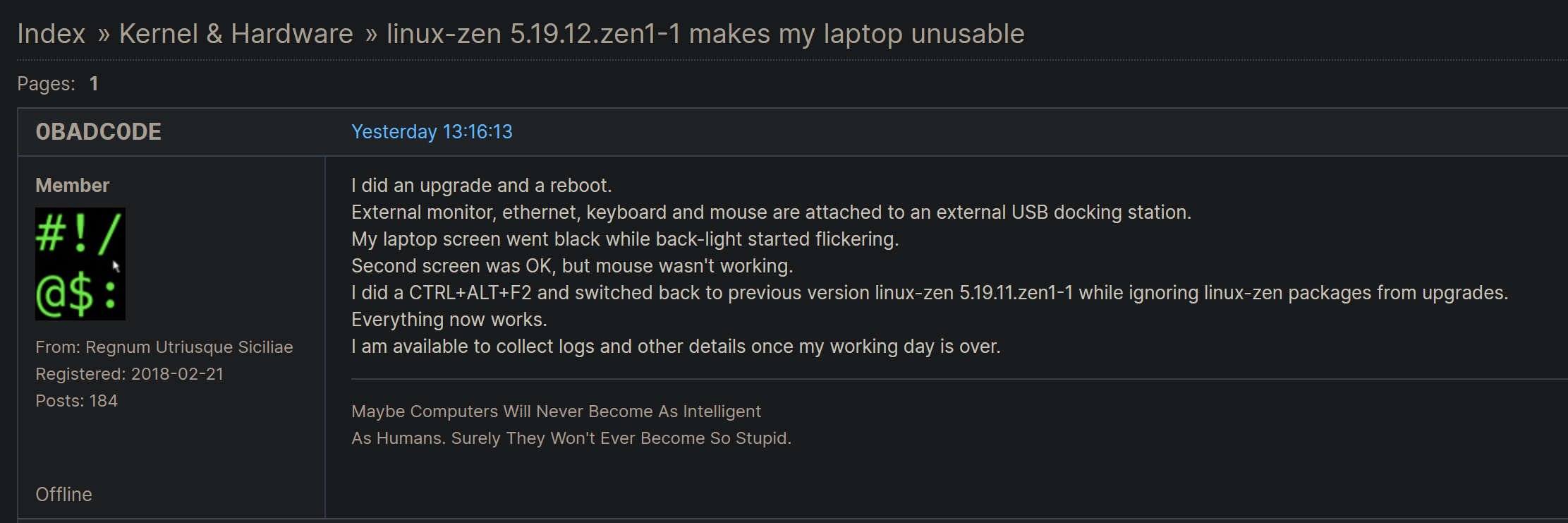 Arch Linux forum search results for kernel black screen